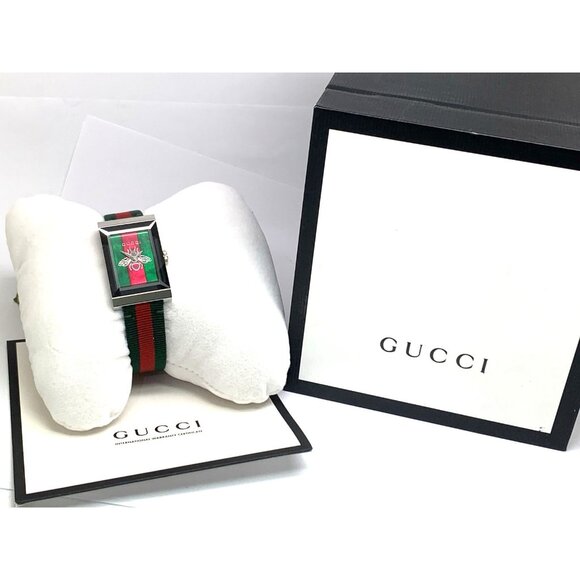 Gucci Women's Watch YA147408 G-Frame Green Red Dial Swiss Quartz Tank Nylon Band - Picture 3 of 15